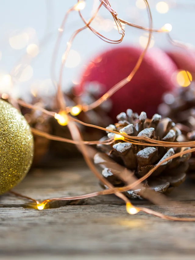 Christmas bauble ball on wooden plank during christmas time